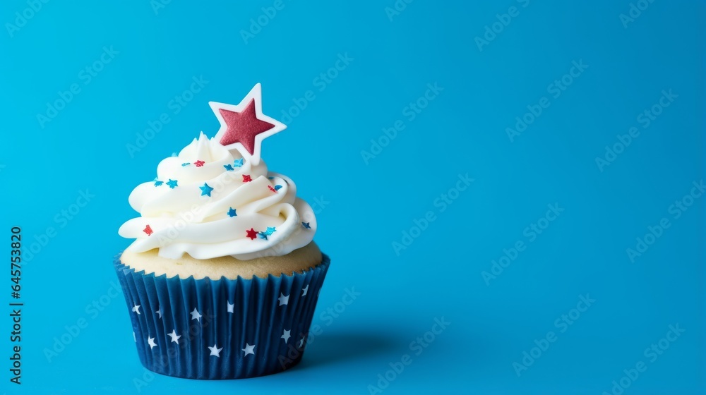 Cupcake with white frosting and blue stars on blue background