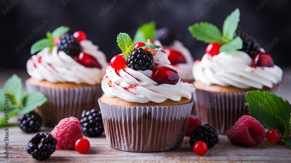 Cute homemade cupcakes with fresh berry decoration