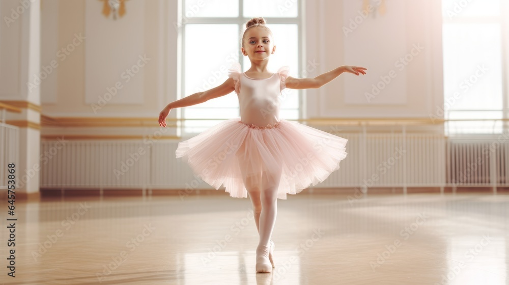 cute little ballerina in pink tutu practicing in ballet studio - obrazy, fototapety, plakaty 