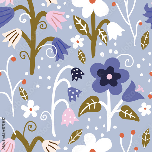 seamless flower pattern with white  pink blue and red flower and leaves and dot on blue background.