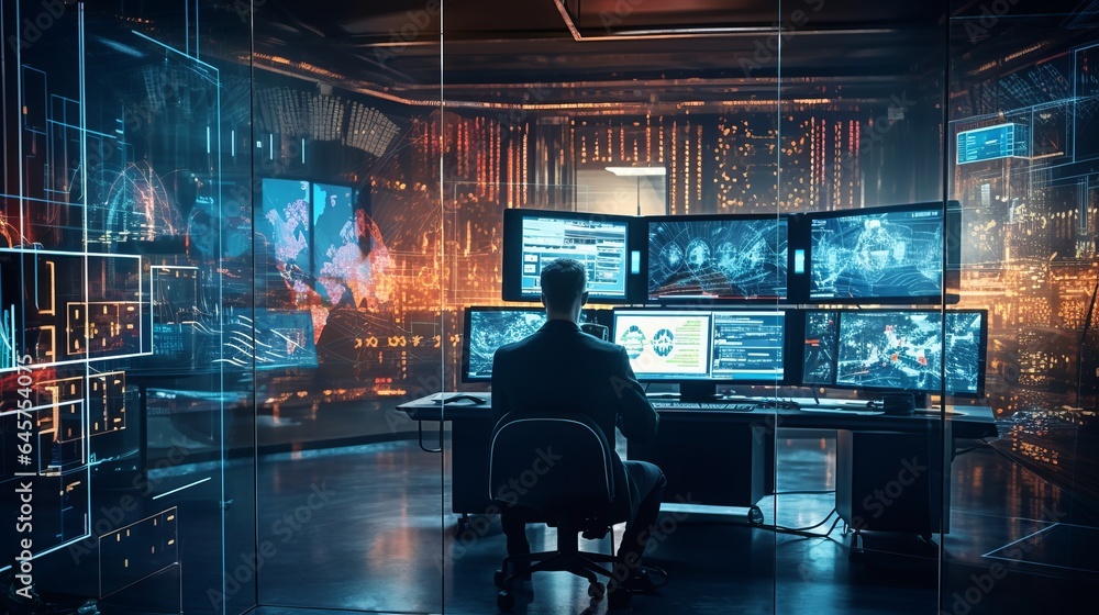 Cutting-edge control center. aI algorithms analyze and safeguard valuable against complex cyber threats. synergy between human expertise and advanced technological defense mechanisms - obrazy, fototapety, plakaty 