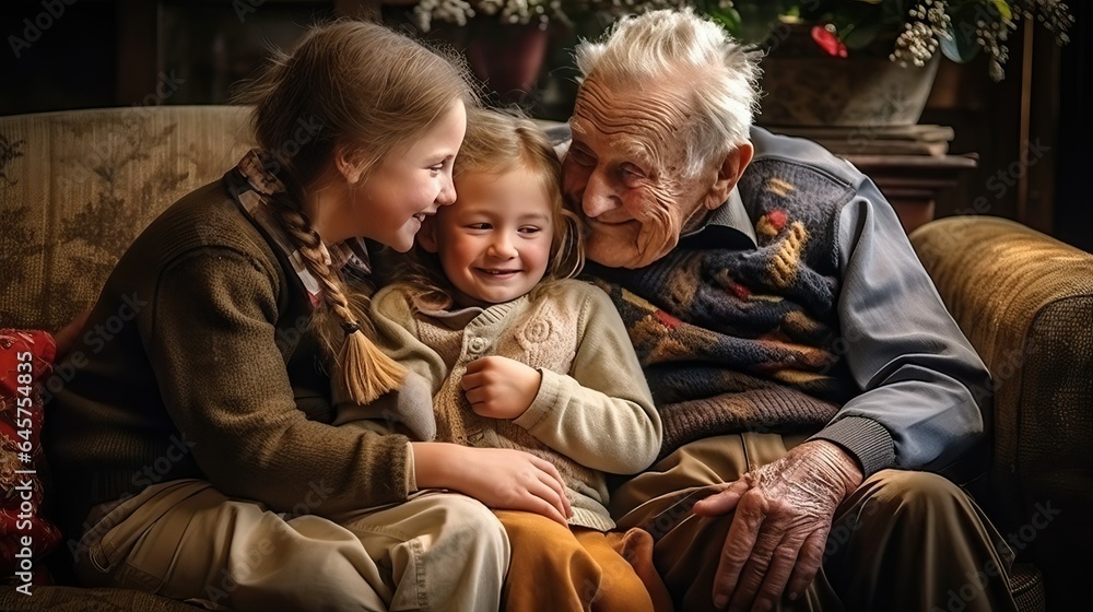 Grandparent with kid sit on sofa, heartwarming family Grandparent with kid sit on sofa, heartwarming family