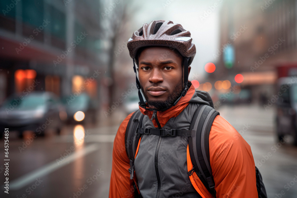 Urban Cyclist: Portrait of a Black American Man in a Cycling Helmet with a Blurred Street in the Background.
Urban Cyclist: Portrait of a Black American Man in a Cycling Helmet with a Blurred Street in the Background.