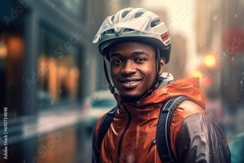 Urban Cyclist: Portrait of a Black American Man in a Cycling Helmet with a Blurred Street in the Background.
