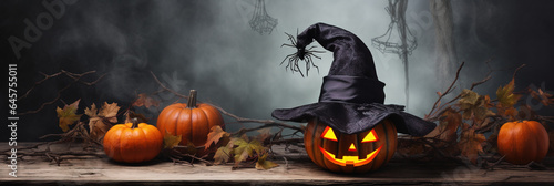 Gruseliger beleuchteter Halloween Kürbis mit Hexenhut auf Holzbrett vor nebeliger Stimmung, Hintergrund Banner