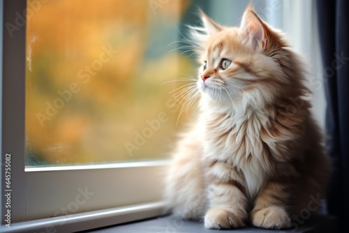 Fluffy kitten sitting on windowsill, playful and cute