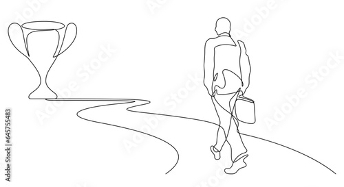 business man walking on the road to success trophy award in continuous line drawing