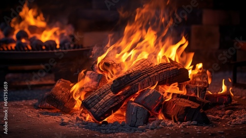 Glow of embers preparing for outdoors charcoal-barbecuing in fireplace