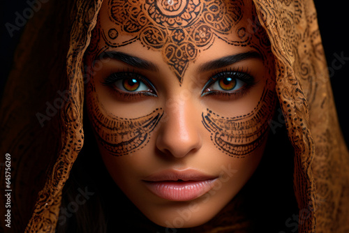 Mystical Henna paintings Beauty: Capturing the Enigmatic Charm of a Stunning Woman with Elaborate Henna Face Paintings, Radiating Sensual and Provocative Vibes. 