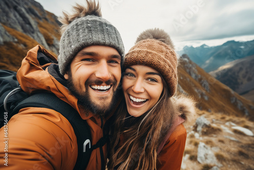 Generative AI image of funny couple traveling together in beautiful nature and taking selfies