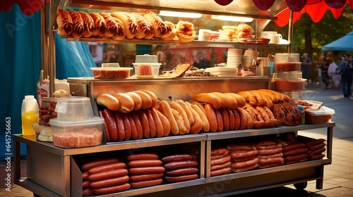 hot dog cart at outdoor market, with variety of sausages and buns for purchase