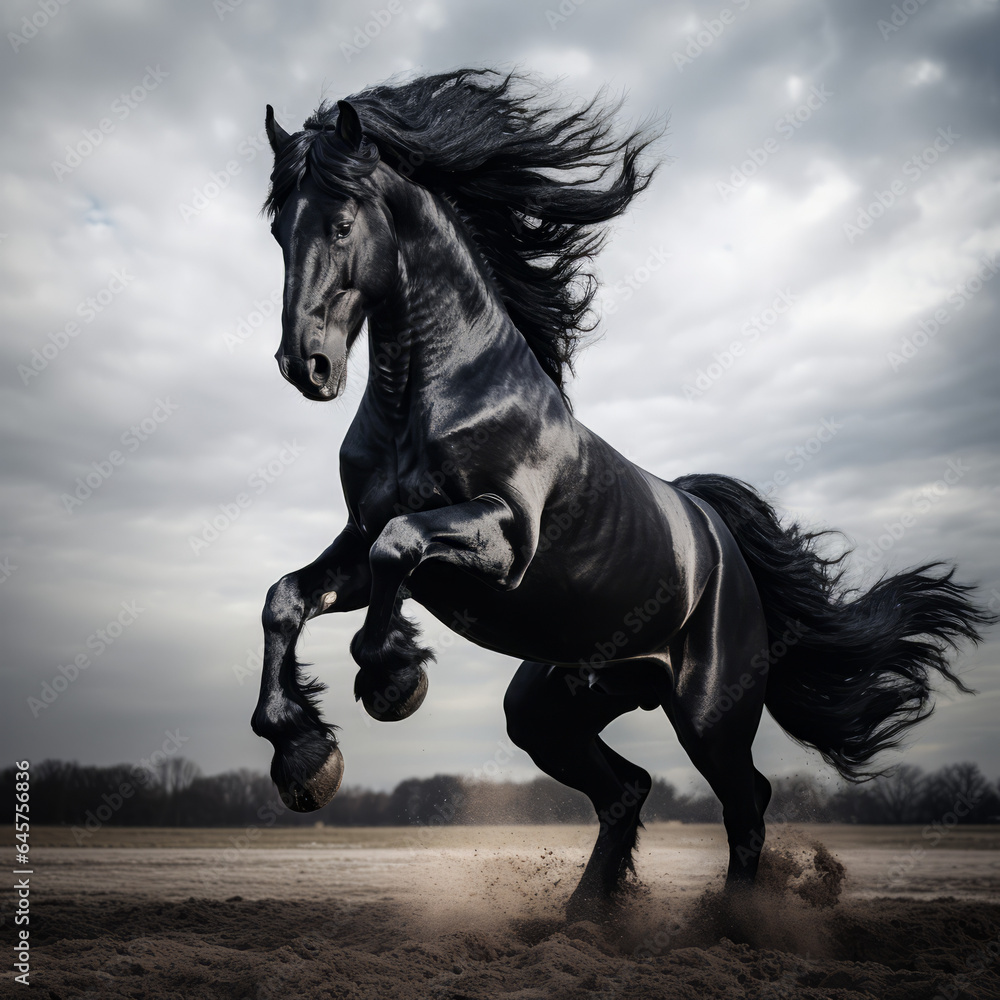 Dramatic photo of a black horse rearing Dramatic photo of a black horse rearing