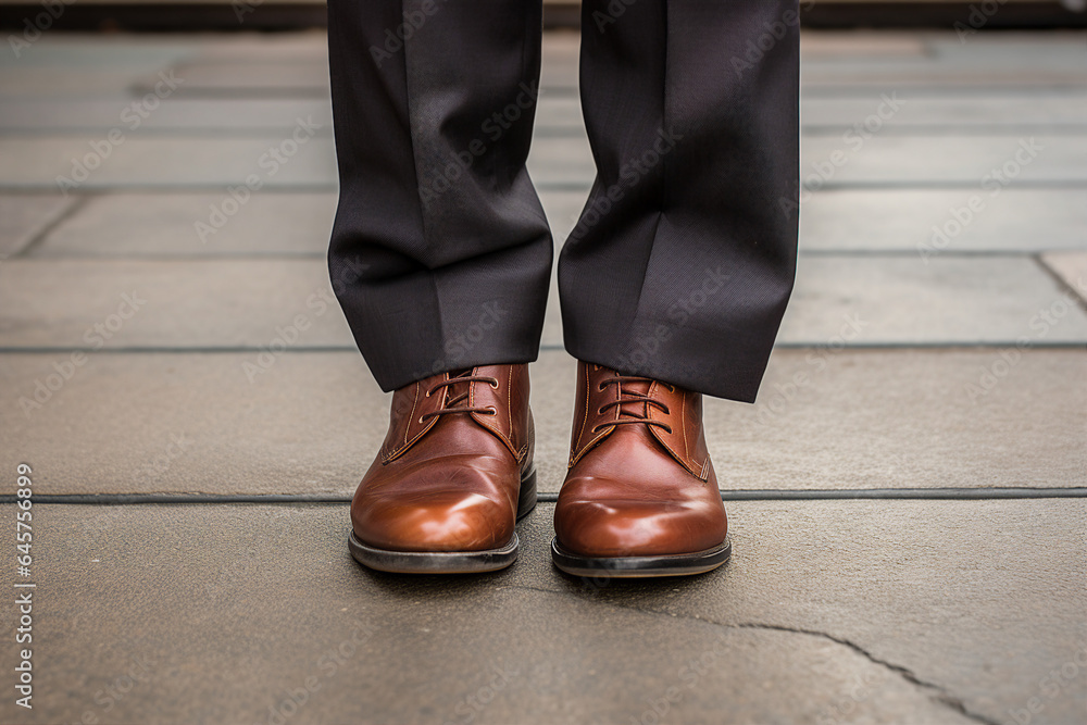 Close up generative AI photography of male legs in comfort fashionable leather warm shoes Close up generative AI photography of male legs in comfort fashionable leather warm shoes