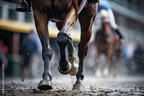 Canvas Print AI generated close up photo of the legs of horses at the races