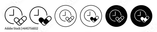 Time to take medicine icon. Health drug capsule frequency period symbol. Tablet or pill consume day hours schedule sign.