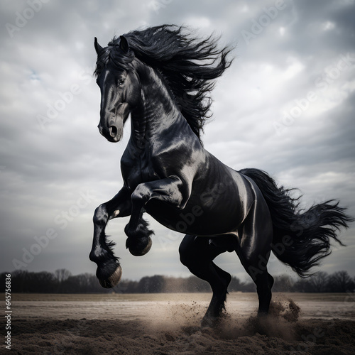Dramatic photo of a black horse rearing