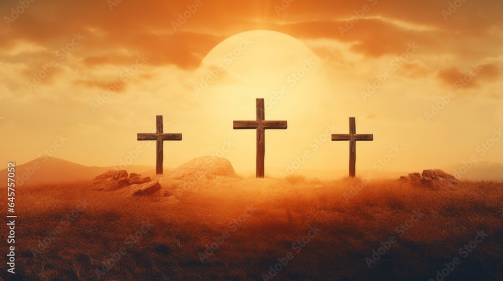 Image of three christian crosses over landscape with sun glowing on orange sky. easter celebration, religion and tradition concept