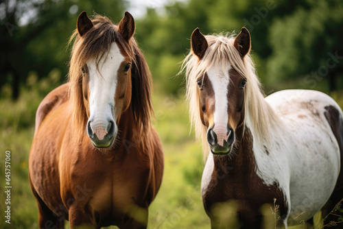 Close up of horses on green grass