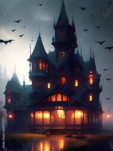 Haunted House With Bats Flying In Halloween Night. Generative AI © Foxgrafix