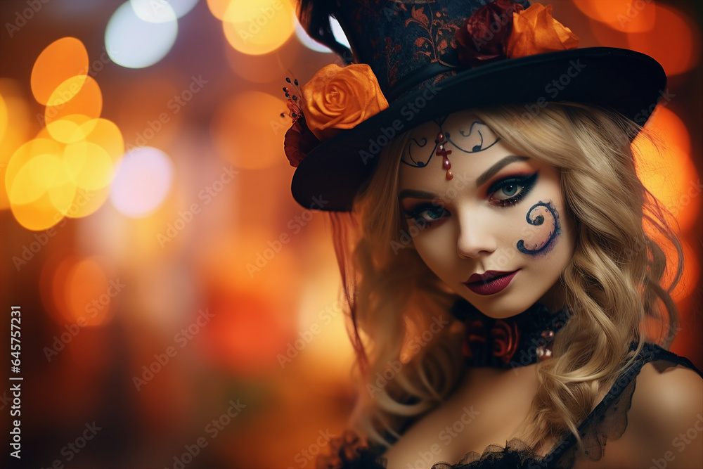 Portrait of beautiful woman daark witch halloween catrina made with Generative AI Portrait of beautiful woman daark witch halloween catrina made with Generative AI