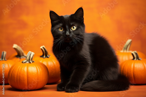 Black cat with Halloween witch carved pumpkin isolated over orange theme background