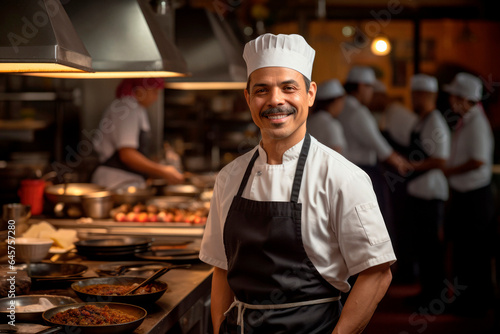 Master of Flavors: A Portrait of a Latino Man Working as a Chef, Distinguished by His Chef's Hat.