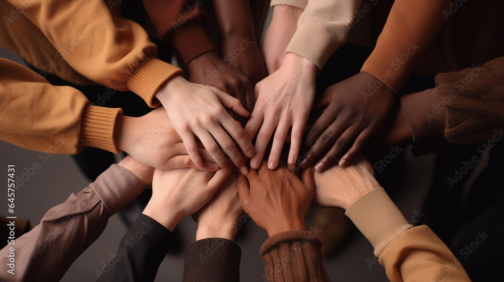 hands of different races and ethnicities. United for equality: Diverse youth fighting against discrimination