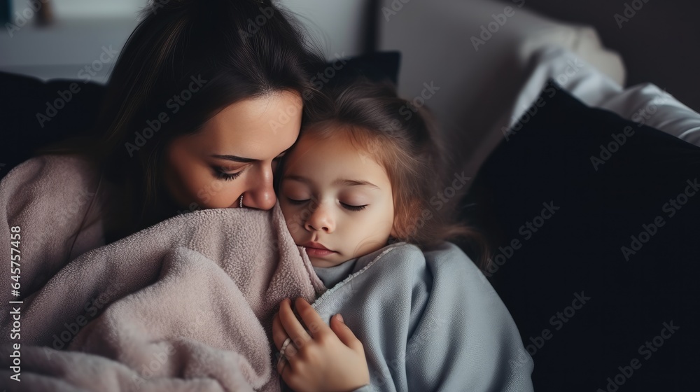 asian woman take care of little ill daughter. Sick child lying on bed under blanket, with worried. single mom taking care of sick daughter at home. child has a high fever. covers on the couch and ill - obrazy, fototapety, plakaty 