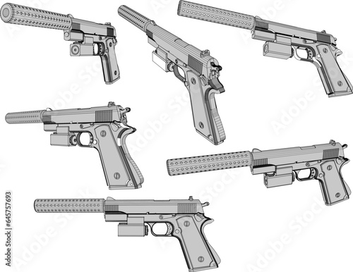 Sketch vector illustration of an automatic pistol with silencer for police