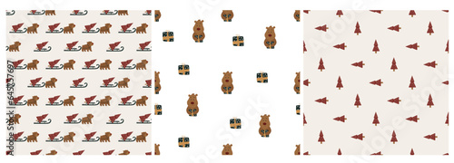 Vector seamless patterns with gifts, bears, christmas trees. Cute kids textile patterns. Set of fabric nursery patterns design
