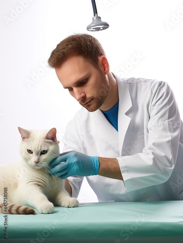 A male veterinarian examines a white cat. On a white background.