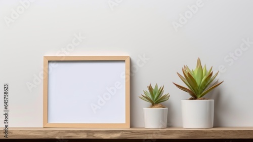 Mock up frame on wooden shelf with houseplant on white wall background