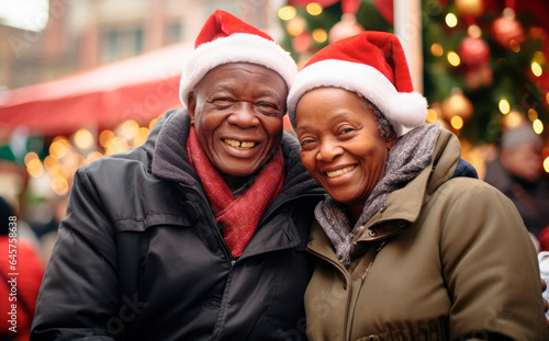 Christmas Joy Together: An Older African Couple Smiles Brightly in Christmas Hats, Savoring the Festive Atmosphere.   © Mr. Bolota