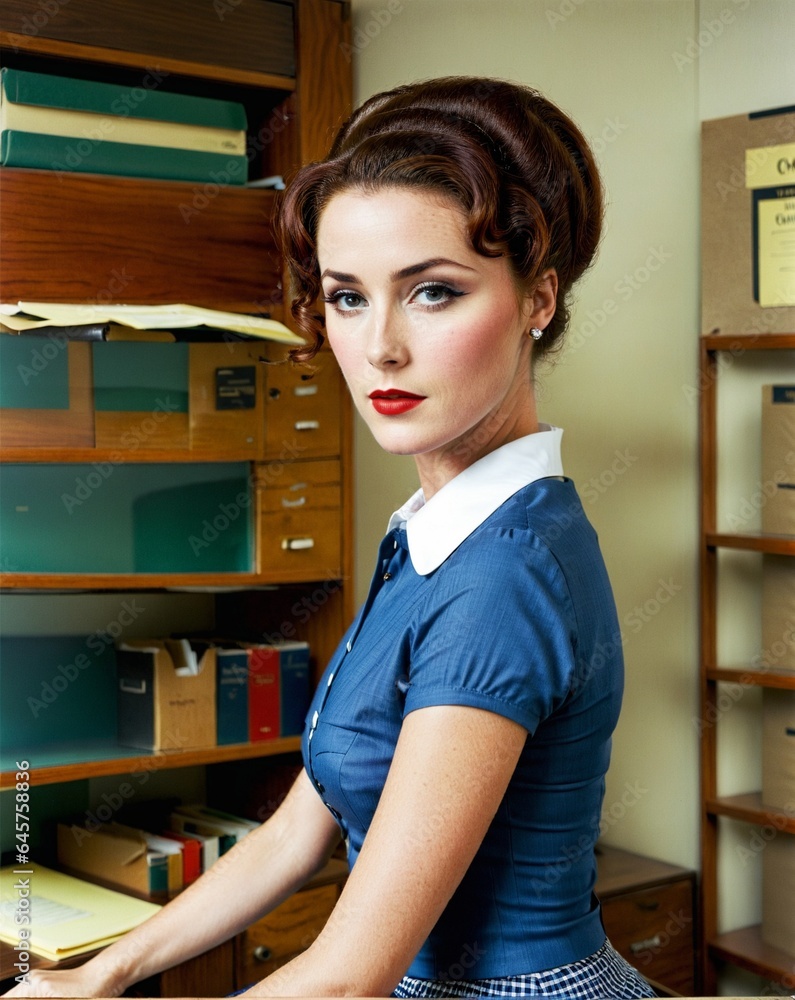 1950s and 1960s secretary in an office environment. Solo, attractive young brunette. Looking at the camera. Vintage, saturated colors. 1950s and 1960s secretary in an office environment. Solo, attractive young brunette. Looking at the camera. Vintage, saturated colors.