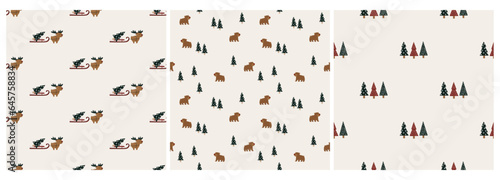 Merry Christmas nursery vector seamless pattern. Collection of kids new year fabric design with bears,  Christmas trees, dears, sleigh. 