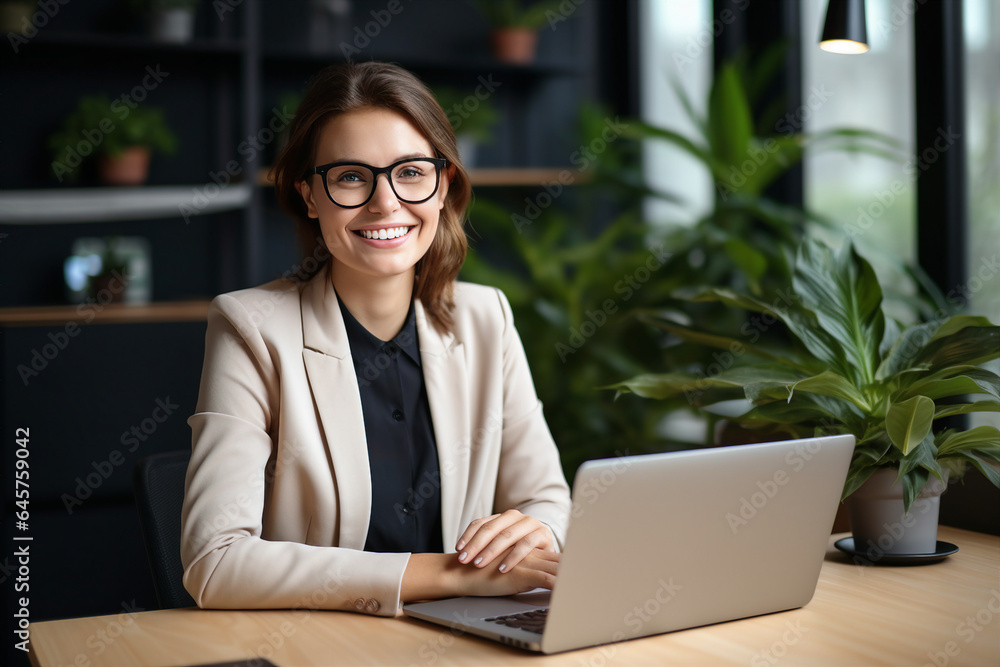 Photo generative AI portrait of happy charming lady director with brown hair sitting in comfort workplace browsing media on netbook