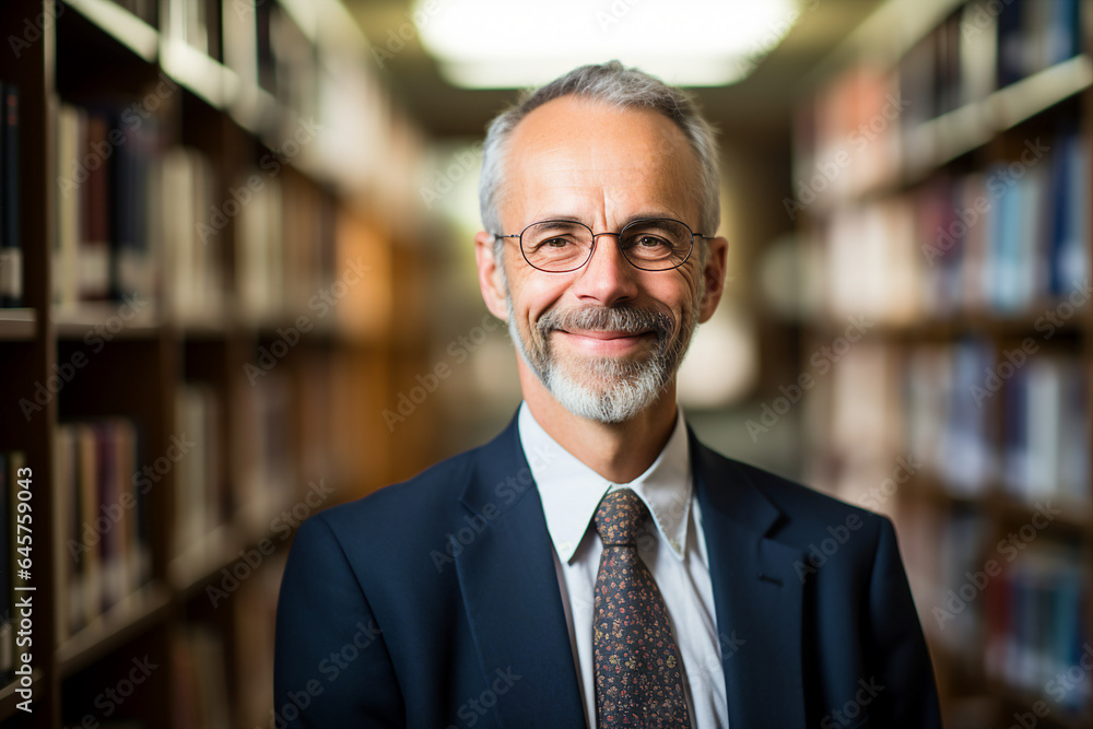 Photo generative AI concept of handsome clever wise man professional lecturer in library bookshelf blurred background Photo generative AI concept of handsome clever wise man professional lecturer in library bookshelf blurred background