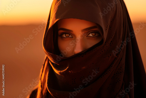 Eyes of Enigma: A Woman with Beautiful and Mysterious Eyes Wearing a hijab, Set Against a Desert Sunset Backdrop.