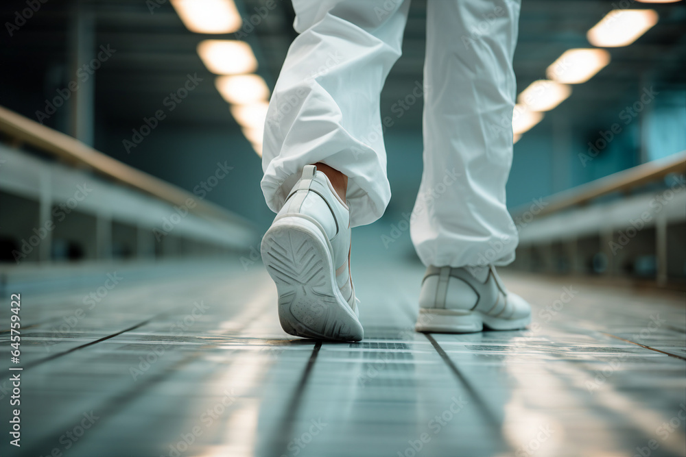 Fototapeta premium Close up generative AI image of a man in a lab coat and footwear walking down a hallway