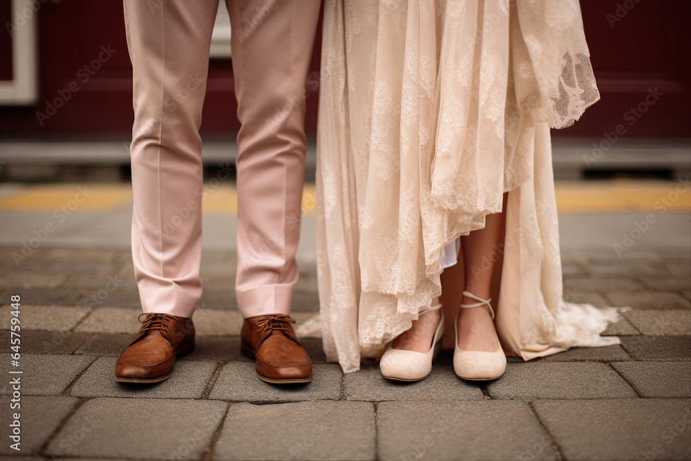 Close up generative AI photo of married people wife and husband in comfort shoes on wedding ceremony in the park Close up generative AI photo of married people wife and husband in comfort shoes on wedding ceremony in the park