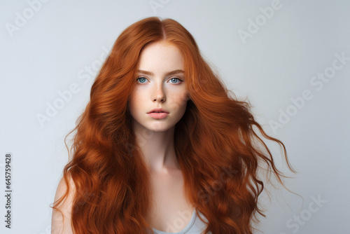 Generative AI portrait of fashion model red hair girl advertising hair coloring salon