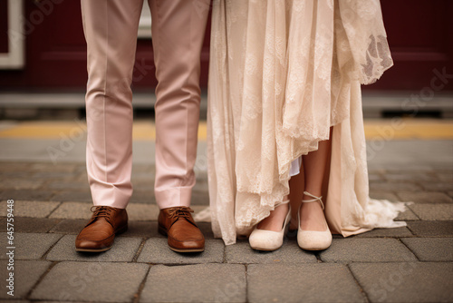 Close up generative AI photo of married people wife and husband in comfort shoes on wedding ceremony in the park