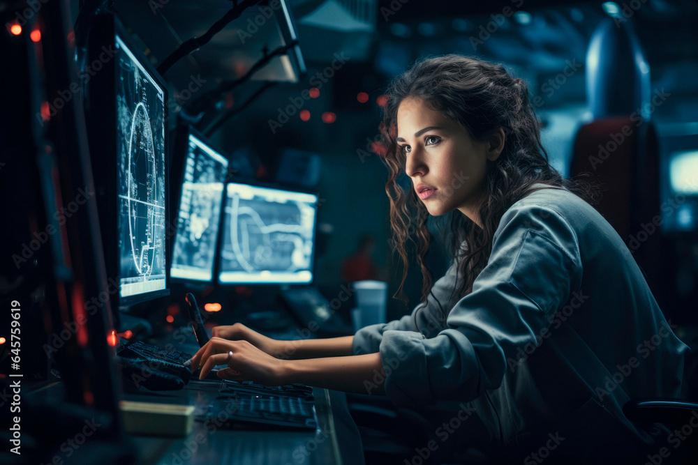 Navigating the Cosmos: Capturing the Expertise of a Female Space Engineer in the Dim Light, Surrounded by Glowing Screens.
Navigating the Cosmos: Capturing the Expertise of a Female Space Engineer in the Dim Light, Surrounded by Glowing Screens.