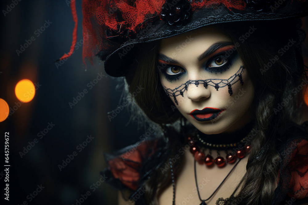 Obraz premium Portrait of beautiful woman daark witch halloween catrina made with Generative AI