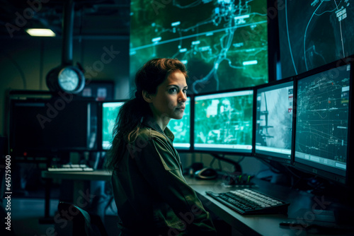 Navigating the Cosmos: Capturing the Expertise of a Female Space Engineer in the Dim Light, Surrounded by Glowing Screens.