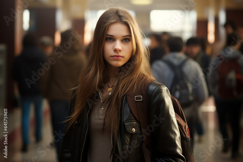 Image of schoolgirl in corridor of school campus building going to classroom generative AI concept