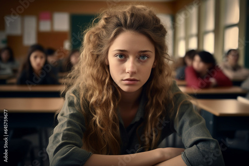 Photography generative AI concept of lovely girl high school student sitting at the table in classroom during lecture