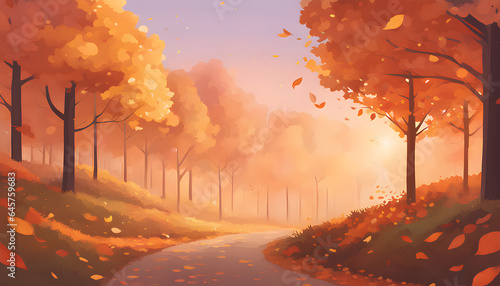 autumn forest in the morning, autumn in the forest, autumn in the square, autumn park landscape illustration