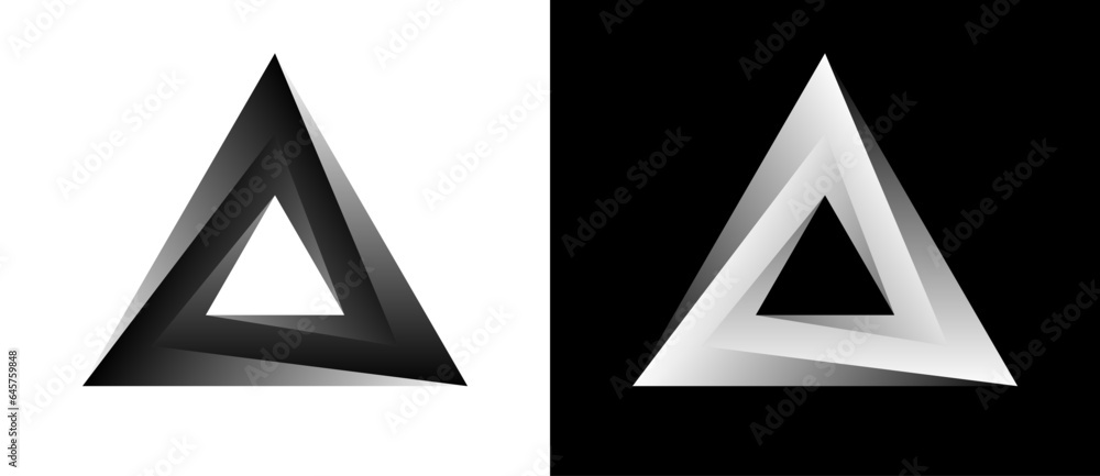 Geometric triangle shape as modern design element, logo or icon. A dark figure on a white background and an equally light figure on the black side.