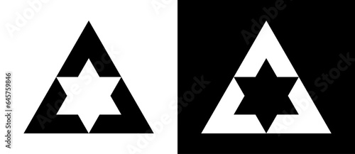 Art design triangle with hexagon inside. Design element, logo or icon. Black shape on a white background and the same white shape on the black side.